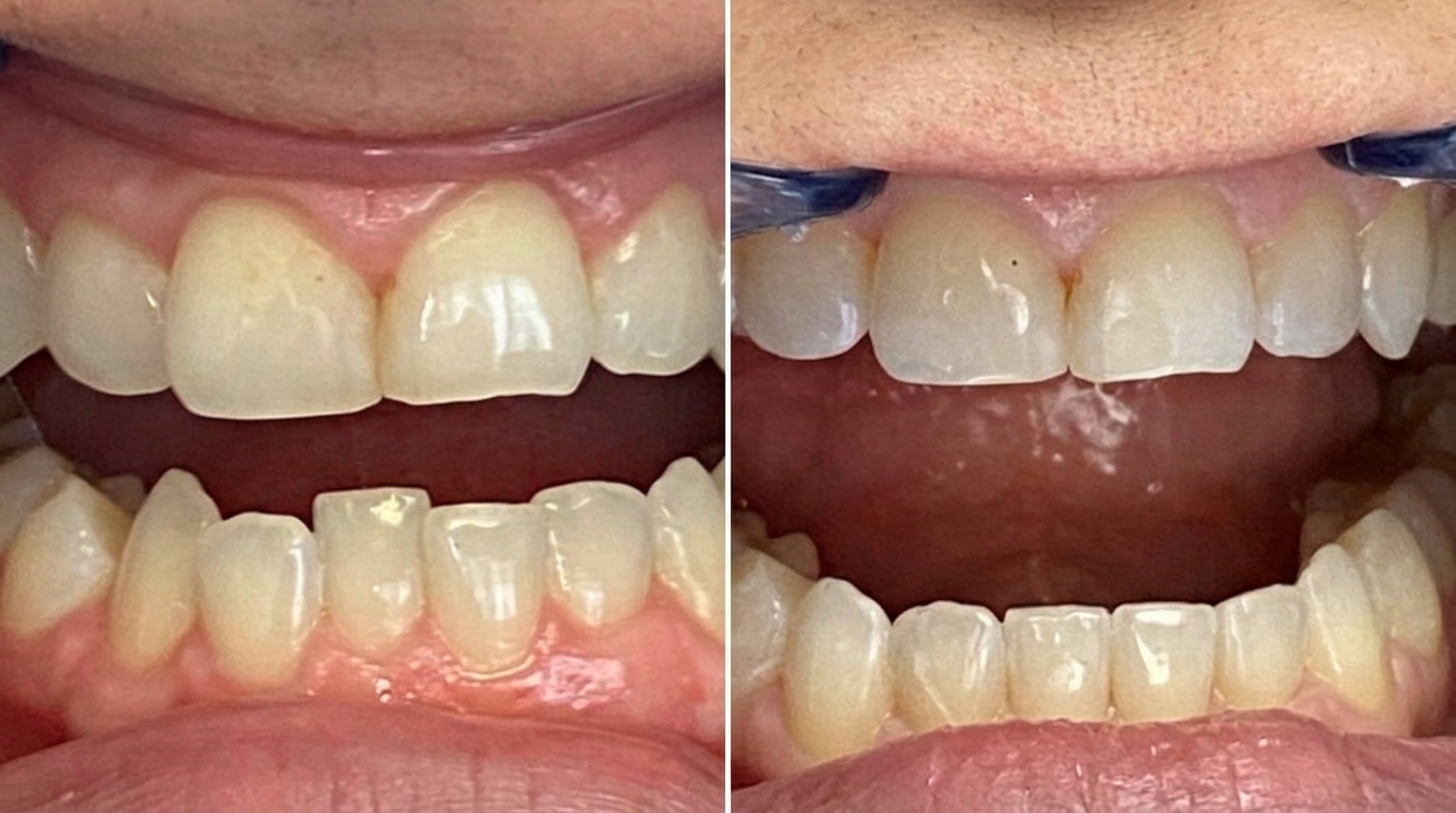 Invisalign before and after real patient case in Waterloo: upper spacing closed and lower crowding aligned after clear aligner treatment