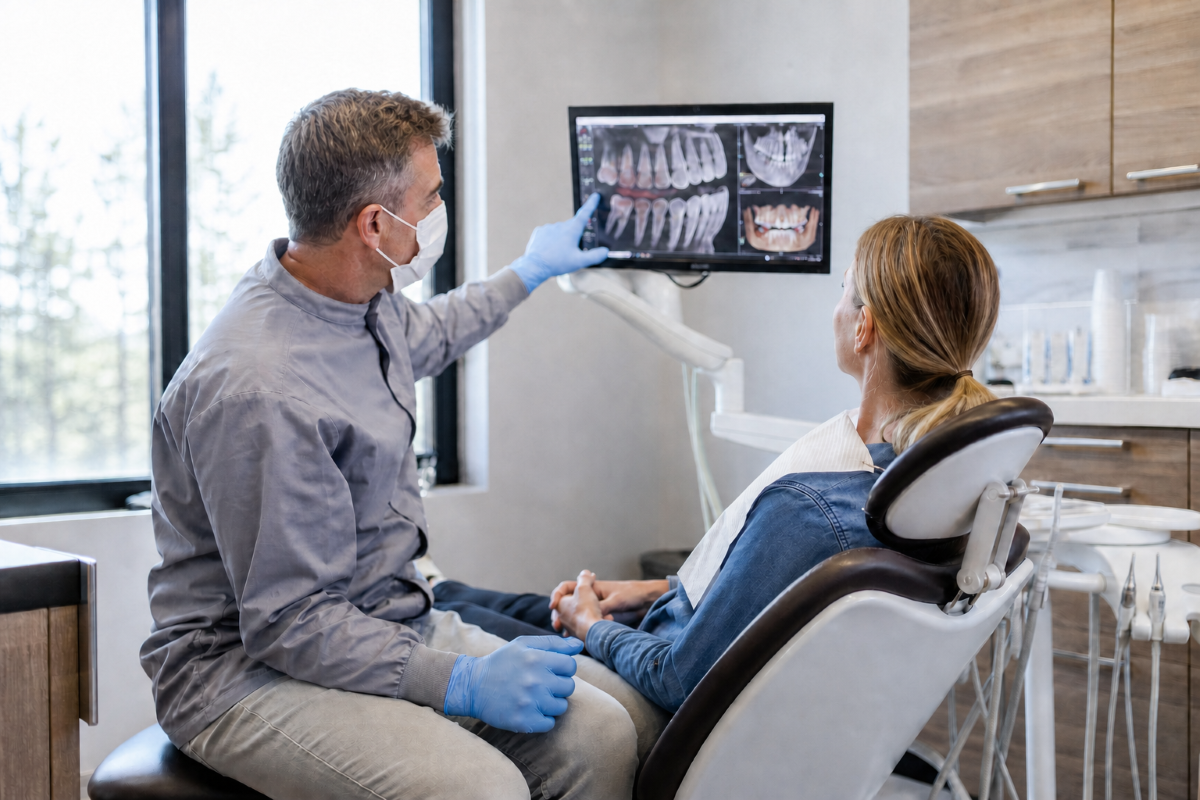Invisalign In-Person Progress Monitoring | Westmount Dental Waterloo Invisalign dentist reviewing digital dental scans with a patient during an in-person progress monitoring visit in Waterloo
