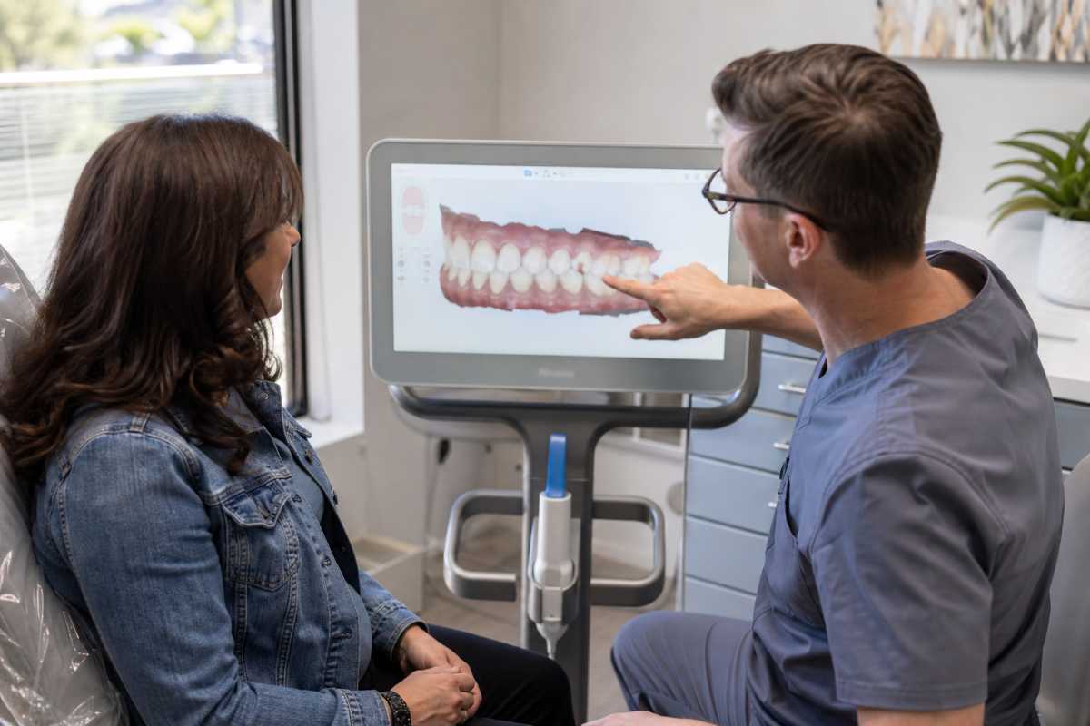 Invisalign digital assessment in Waterloo: a dentist at Westmount Dental showing a patient her 3D teeth scan during an Invisalign consultation